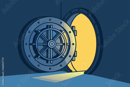 Safe vault door opening with glowing currency.