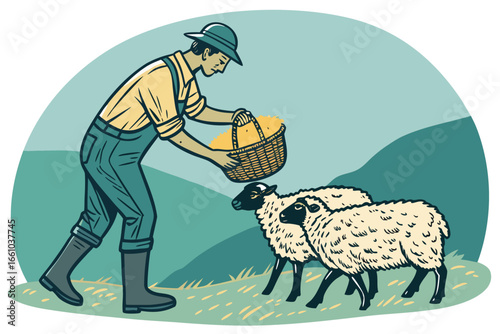 A farmer generously offers a woven basket brimming with fresh hay to a flock of gentle sheep, flat lay.