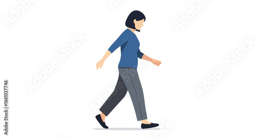 Stylized vector illustration depicting a woman in mid-stride against a plain backdrop representing motion and minimalist design.