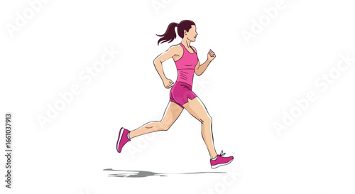Dynamic illustration of a woman jogging in pink sportswear, emphasizing fitness and an active lifestyle suitable for health and wellness promotion