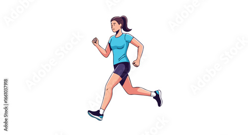 Dynamic full body illustration of a woman running with determination and focus showcasing athletic energy and movement on a clean white background