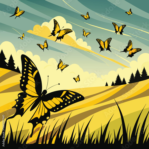 Vibrant yellow butterflies flutter across a sunny landscape with rolling hills and fluffy clouds