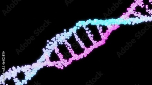 Seamless looping 3D animation of a DNA strand forming from glowing genetic particles with alpha channel background.