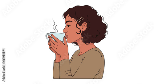 Aromatic embrace, stylized portrait of a young woman enjoying a warm beverage with steaming vapors and minimalist design touches for tranquil moments