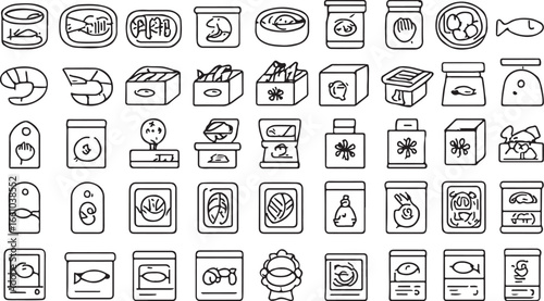 Black and white line art icons of canned and packaged seafood