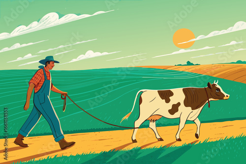 A solitary farmer guides a docile cow with a weathered rope across a sun-drenched, open, flat agricultural field.