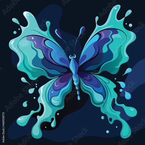 Vibrant blue butterfly emerges from liquid splashes, symbolizing transformation and renewal