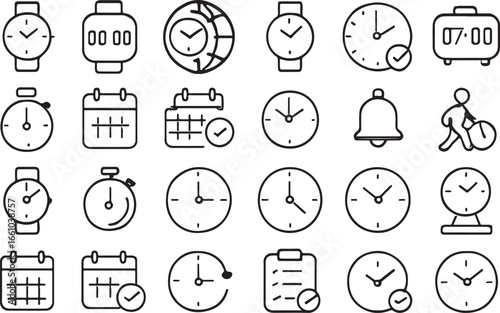 Black outline icons for time and scheduling clock calendar
