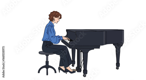 Elegant woman playing a grand piano with precision and grace in a minimalist style capturing a musical atmosphere and artistic representation