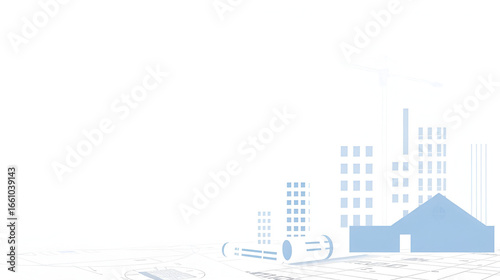 Wallpaper Mural A modern banner background for cost estimation software in construction. Features subtle elements like blueprints, buildings, and technical drawings in soft blues, grays, and whites. Torontodigital.ca