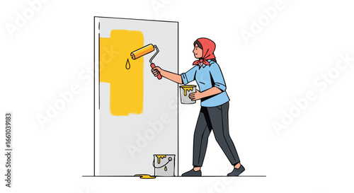 Enthusiastic woman renovates her home with sunny yellow paint, creating a revitalizing and cheerful atmosphere, brightening her interior space with