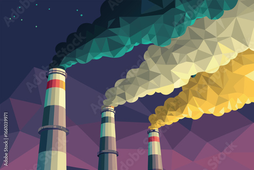 Smokestacks emitting abstract polygonal smoke plumes.