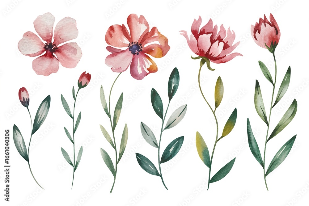 Fototapeta premium Elegant Watercolor Floral Elements Pink Green Botanical Illustrations