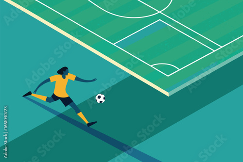 Soccer field corner perspective with player kicking.