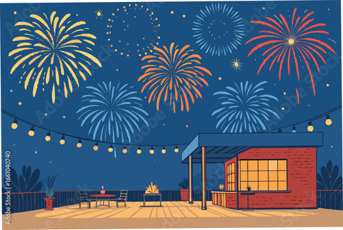 Dazzling fireworks erupting over a vibrant rooftop party, illuminating a bustling cityscape with festive bokeh.