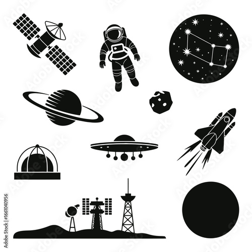 Space icons collection featuring astronaut rocket stars planets and telescope for science design