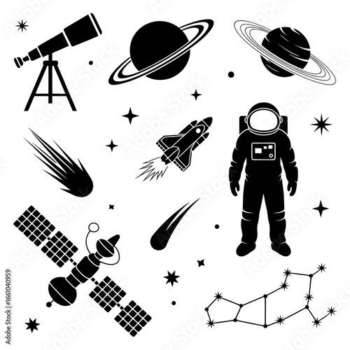 Space icons collection featuring astronaut rocket stars planets and telescope for science design