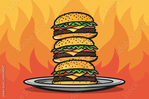 Towering cheeseburger stacked high on a plate.