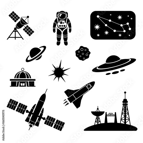 Space icons collection featuring astronaut rocket stars planets and telescope for science design