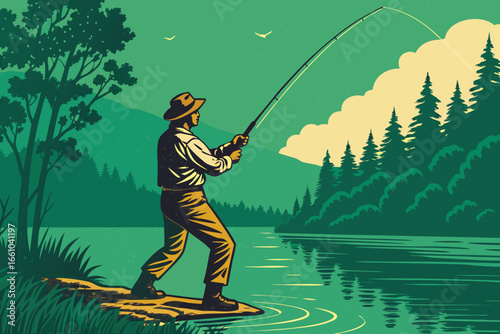 Fisherman casting fishing rod into tranquil lake, golden hour, serene water reflection, peaceful dawn light.