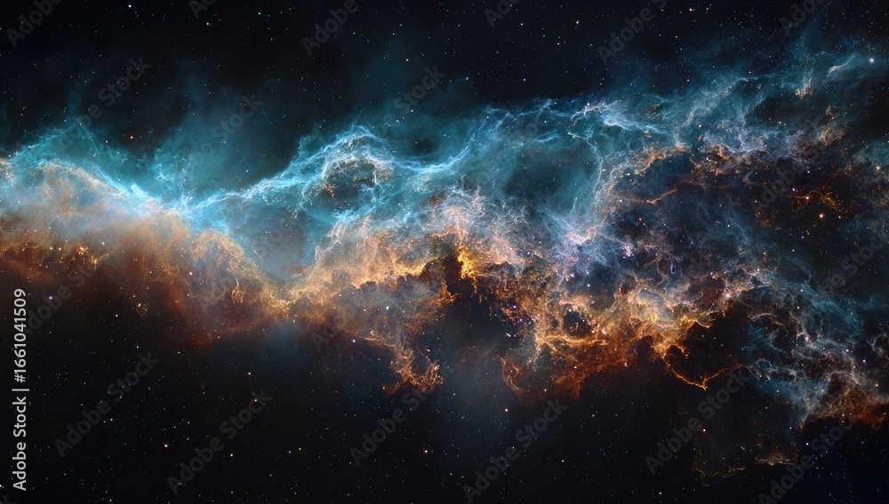 Fototapeta premium Celestial panorama shows colorful cosmic cloud with stars in the dark void