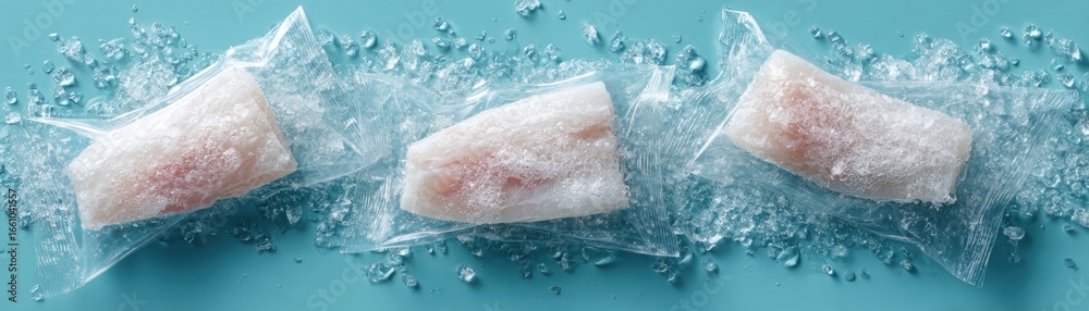Fototapeta premium Frozen fish fillets wrapped in plastic on a blue background, surrounded by ice, emphasizing freshness and preservation.