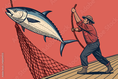 A determined fisherman powerfully heaves a colossal tuna from a sturdy fishing net, emphasizing strain and muscle.