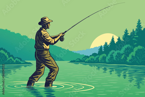 Fisherman casting rod, serene lake, golden hour glow, peaceful morning, misty haze, tranquil water, vibrant reeds, distant mountains.