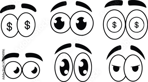 Diverse Cartoon Eye Expressions Collection Conveying Various Emotions and Financial Interest with Dollar Sign Symbols Included Showing a Variety of Feelings
