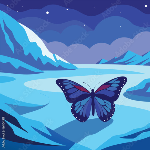 Stunning blue butterfly graces a serene, abstract landscape under a starry night sky.
