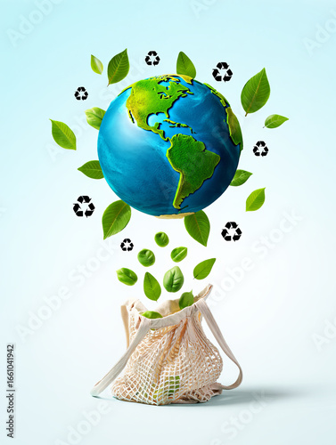 A vibrant globe representing Earth floats above a market bag filled with plants and surrounded by recycling symbols and green leaves.
