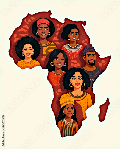 A vibrant depiction of African culture showcases a diverse group of individuals highlighting traditional attire and distinct hairstyles, symbolizing unity and pride.