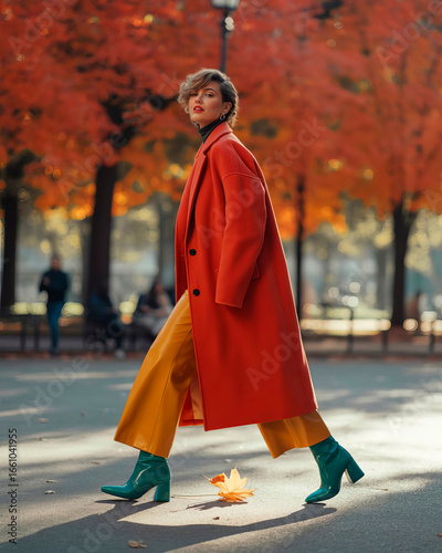 A model strides through a city park in autumn, showcasing a striking red coat and bright yellow pants. The colorful backdrop of orange leaves enhances the fashion statement.