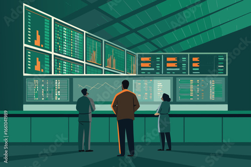 Busy stock exchange interior with traders focused on screens.