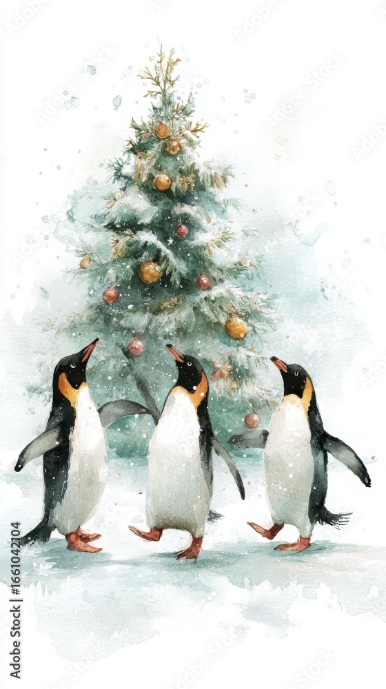 Fototapeta premium Three playful penguins celebrate around a snowy Christmas tree adorned with ornaments, creating a whimsical winter scene.