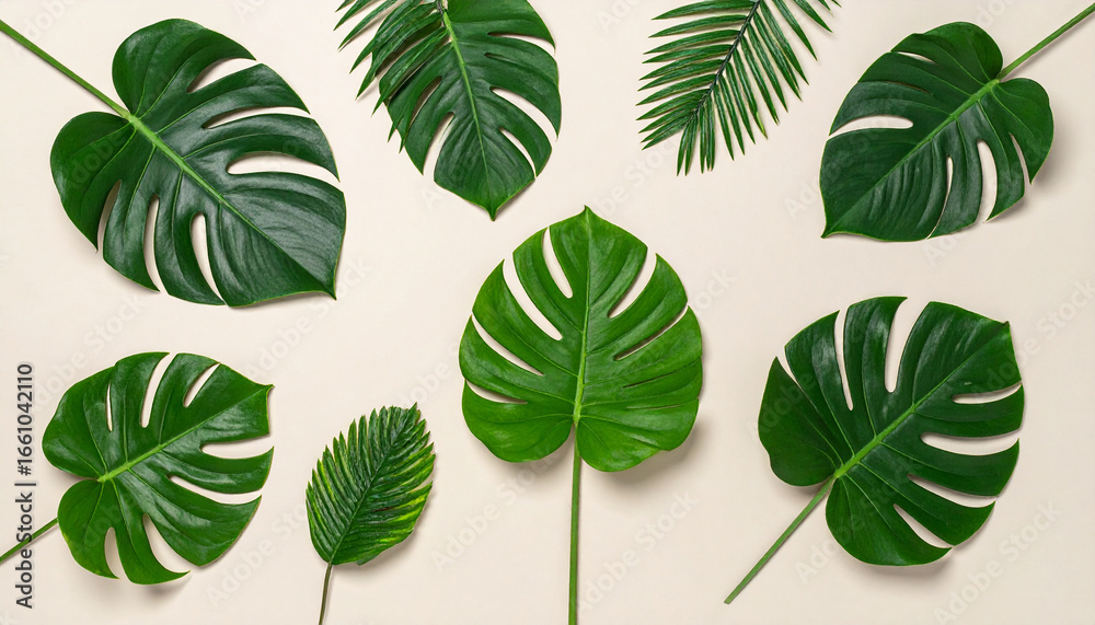 Fototapeta premium Overhead shot of various green tropical leaves arranged on a neutral beige background.