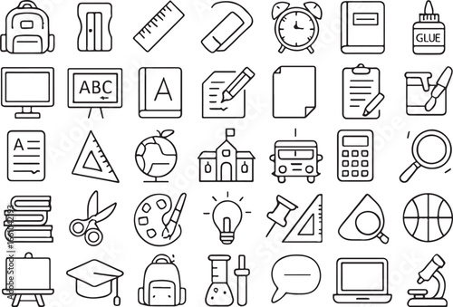 School and Education Icons Set Black and White school supplies