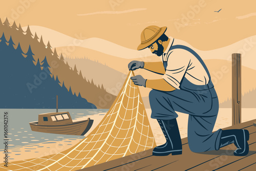 Fisherman meticulously repairs intricate fishing net on weathered wooden dock, seaside village ambiance, sun-drenched, detailed textures.