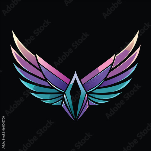 Striking futuristic wings emblem with vibrant neon gradient glow on black background.