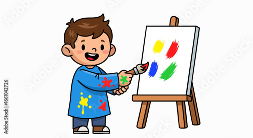 Child painting on easel with primary colors