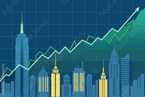 Stock graph evolves into a thriving city skyline.