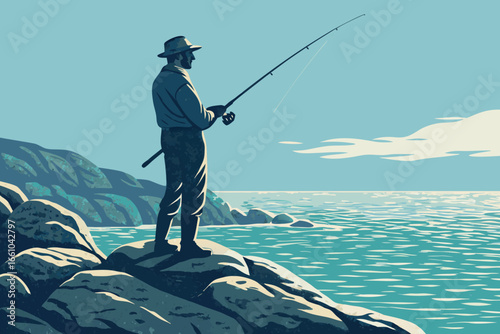 A solitary fisherman stands on rugged coastal rocks, patiently waiting for a bite, tranquil ocean.