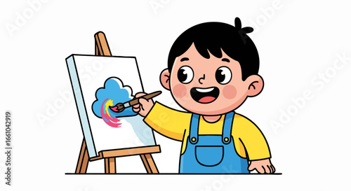 Child painting on easel cartoon illustration