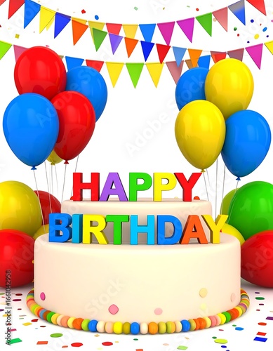 Festive birthday cake with balloons and confetti