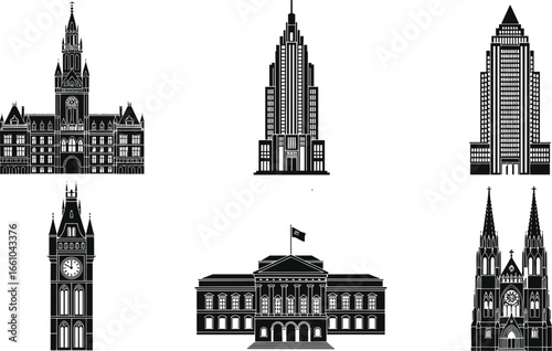 Historic European architecture vector set, gothic cathedral, art deco skyscraper, government building, clock tower, city hall, black and white illustration
