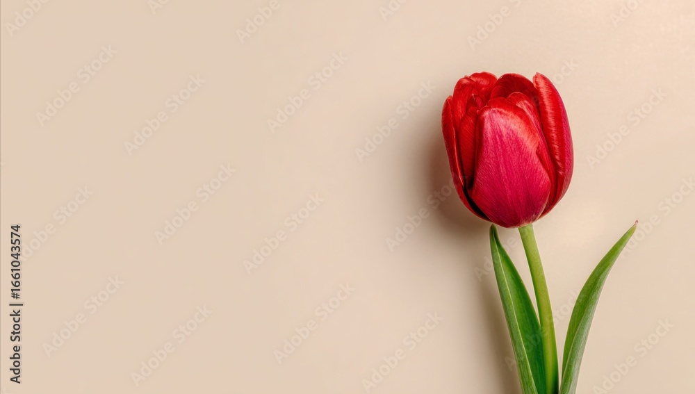 Fototapeta premium Red Tulip Flower with Green Stem and Leaves on Neutral Background