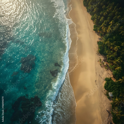 A coastline where turquoise ocean waves gently meet golden sandy beaches, to emphasize travel, relaxation, and the serene beauty of nature