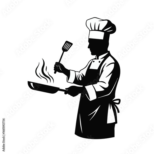 Silhouette of a chef cooking with a frying pan and spatula in a professional kitchen setting shown here