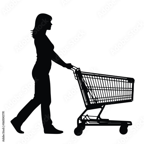 Silhouette of a woman pushing an empty shopping cart in a side profile view on a white background