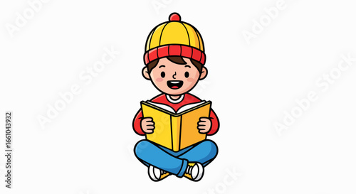 Child sitting cross legged reading a book